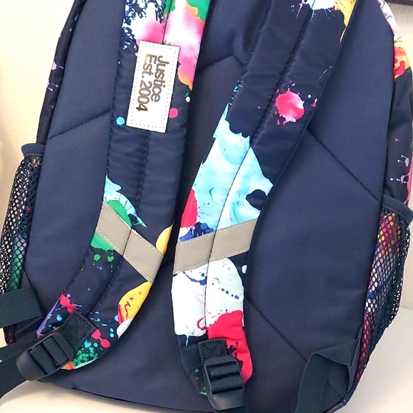 Girls 17" Justice Backpack Iridescent Blue Multi-Color Splatter - Picture 9 of 9